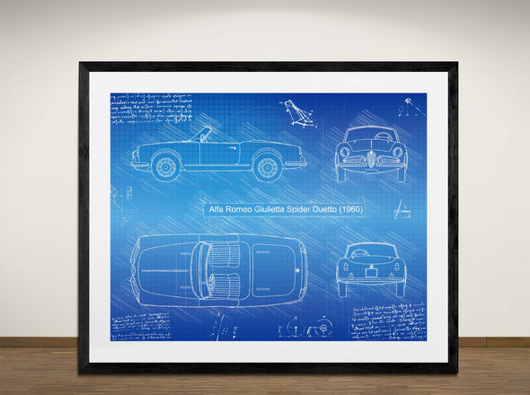 Alfa Romeo Giulietta Spider Duetto (1960) - Art Print - Sketch Style, Car Patent, Blueprint Poster, Blue Print, (#3077)