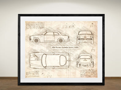 Alfa Romeo Giulietta Sprint (1959) - Art Print - Sketch Style, Car Patent, Blueprint Poster, Blue Print, (#3078)