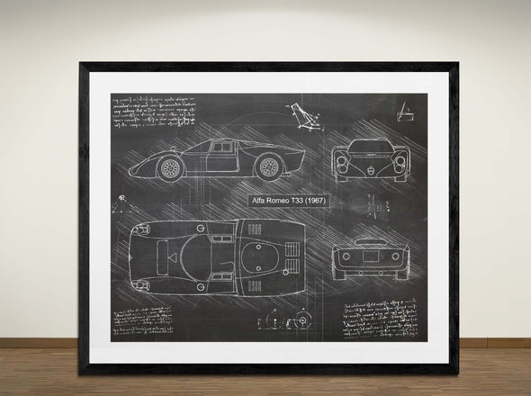Alfa Romeo T33 (1967) - Art Print - Sketch Style, Car Patent, Blueprint Poster, Blue Print, (#3082)