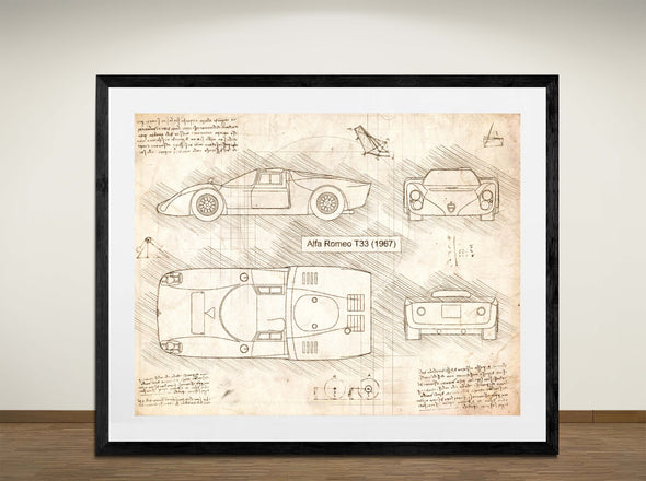 Alfa Romeo T33 (1967) - Art Print - Sketch Style, Car Patent, Blueprint Poster, Blue Print, (#3082)