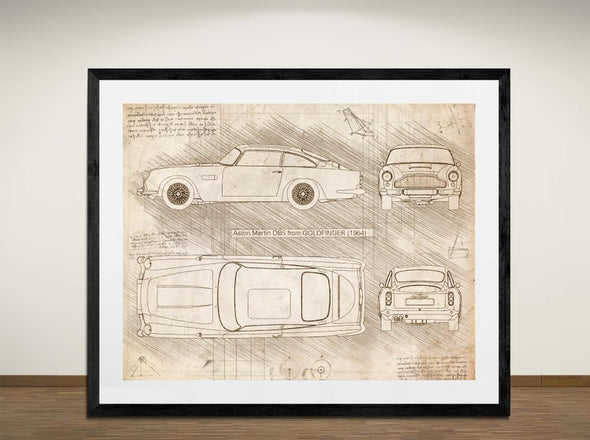 Aston Martin DB5 from GOLDFINGER (1964) - Sketch Style, Car Patent, Blueprint Poster, Blue Print, (#3051)