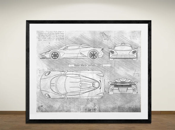 Aston Martin Valhalla (2021) - Art Print - Sketch Style, Car Patent, Blueprint Poster, Blue Print, (#3049)