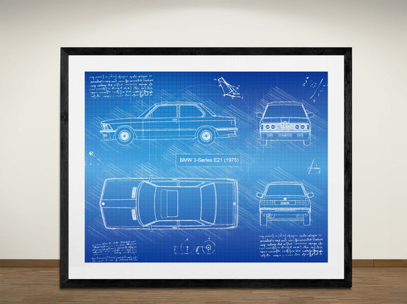 BMW 3-Series E21 (1975) - Art Print - Sketch Style, Car Patent, Blueprint Poster, Blue Print, (#3096)