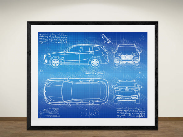 BMW X3 M (2020) - Art Print - Sketch Style, Car Patent, Blueprint Poster, Blue Print, (#3097)