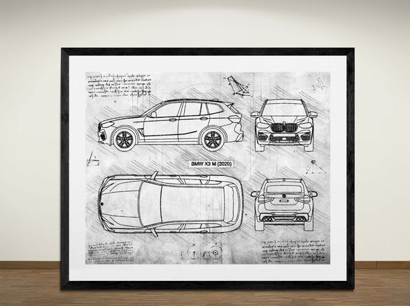 BMW X3 M (2020) - Art Print - Sketch Style, Car Patent, Blueprint Poster, Blue Print, (#3097)