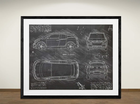 BMW i3 (2020) - Art Print - Sketch Style, Car Patent, Blueprint Poster, Blue Print, (#3083)