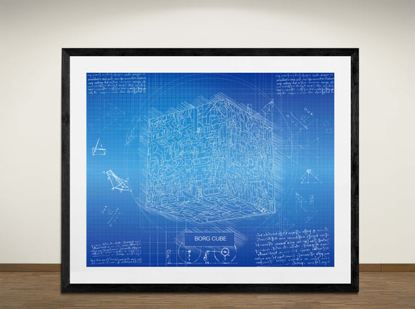 Borg Cube - Art Print - Sketch Style, Blueprint Poster, Blue Print, (#3134)