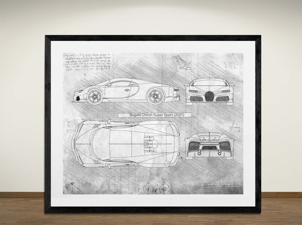 Bugatti Chiron Super Sport (2021) - Art Print - Sketch Style, Car Patent, Blueprint Poster, Blue Print, (#3003)