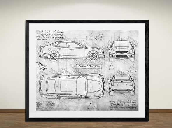 Cadillac CTS-V (2009) - Art Print - Sketch Style, Car Patent, Blueprint Poster, Blue Print, (#3104)