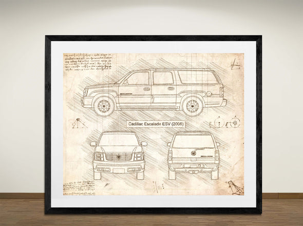 Cadillac Escalade ESV (2006) - Art Print - Sketch Style, Car Patent, Blueprint Poster, Blue Print, (#3071)