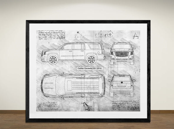 Cadillac Escalade ESV (2015) - Art Print - Sketch Style, Car Patent, Blueprint Poster, Blue Print, (#3073)