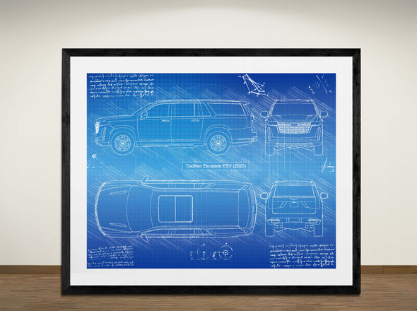 Cadillac Escalade ESV (2020) - Art Print - Sketch Style, Car Patent, Blueprint Poster, Blue Print, (#3074)