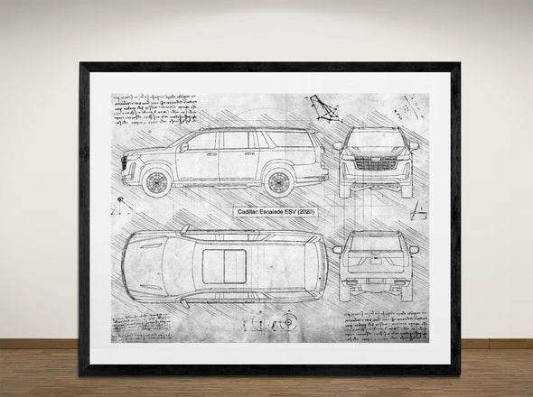 Cadillac Escalade ESV (2020) - Art Print - Sketch Style, Car Patent, Blueprint Poster, Blue Print, (#3074)