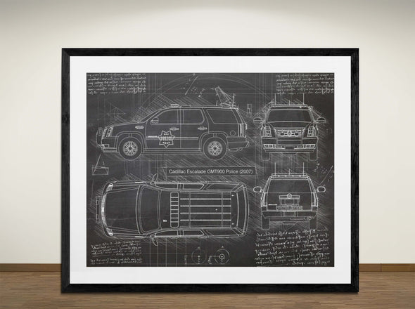 Cadillac Escalade GMT900 Police (2007) - Art Print - Sketch Style, Car Patent, Blueprint Poster, Blue Print, (#3084)
