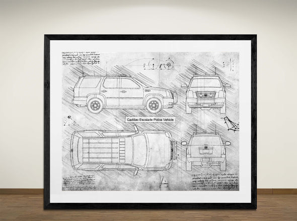 Cadillac Escalade Police Vehicle - Art Print - Sketch Style, Car Patent, Blueprint Poster, Blue Print, (#3085)
