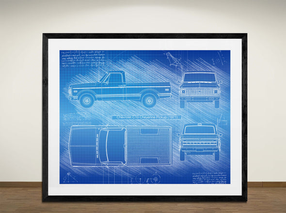 Chevrolet C10 Cheyenne Pickup (1971)  - Art Print - Sketch Style, Car Patent, Blueprint Poster, Blue Print, (#3004)