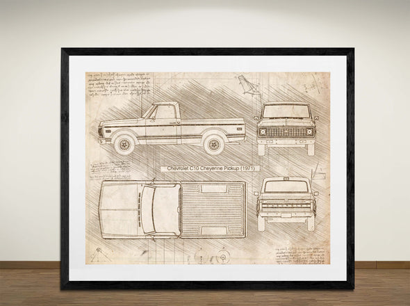 Chevrolet C10 Cheyenne Pickup (1971)  - Art Print - Sketch Style, Car Patent, Blueprint Poster, Blue Print, (#3004)
