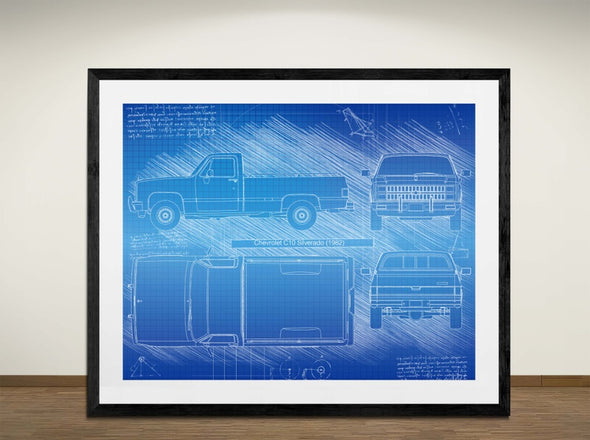 Chevrolet C10 Silverado (1982) - Art Print - Sketch Style, Car Patent, Blueprint Poster, Blue Print, (#3046)