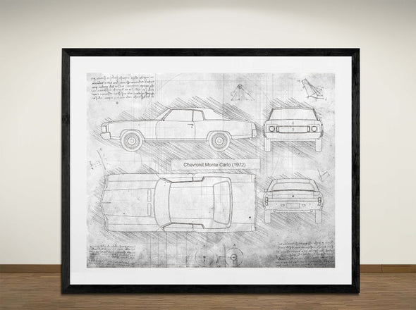 Chevrolet Monte Carlo (1972) - Art Print - Sketch Style, Car Patent, Blueprint Poster, Blue Print, (#3005)