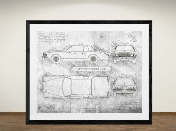 Chevrolet Monte Carlo (1978) - Art Print - Sketch Style, Car Patent, Blueprint Poster, Blue Print, (#3014)