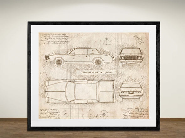 Chevrolet Monte Carlo (1978) - Art Print - Sketch Style, Car Patent, Blueprint Poster, Blue Print, (#3014)