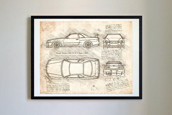 Nissan Skyline GT-R R34 (1999) da Vinci Sketch Art Print (#178)