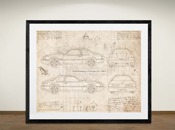 Ford Mustang LX Coupe 5.0 (1991) - Art Print - Sketch Style, Car Patent, Blueprint Poster, Blue Print, (#3108)