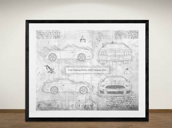 Ford Mustang Shelby Gt500 Heritage 2022 - Art Print - Sketch Style, Car Patent, Blueprint Poster, Blue Print, (#3133)
