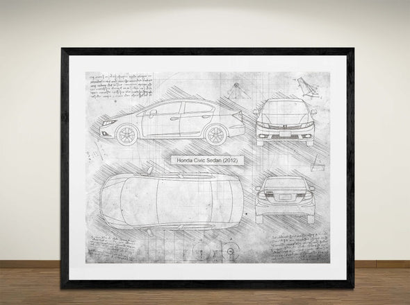 Honda Civic Sedan (2012) - Art Print - Sketch Style, Car Patent, Blueprint Poster, Blue Print, (#3007)