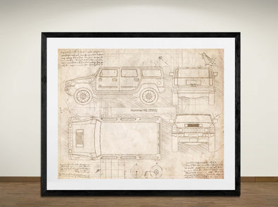 Hummer H2 (2003) - Art Print - Sketch Style, Car Patent, Blueprint Poster, Blue Print, (#3020)