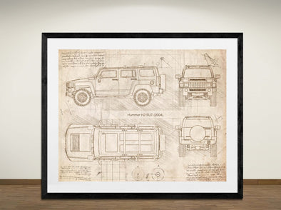 Hummer H2 SUT (2004) - Art Print - Sketch Style, Car Patent, Blueprint Poster, Blue Print, (#3019)