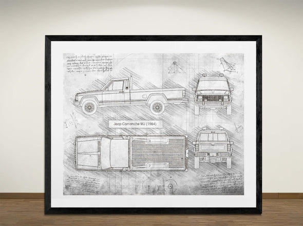 Jeep Comanche MJ (1984) - Art Print - Sketch Style, Car Patent, Blueprint Poster, Blue Print, (#3008)