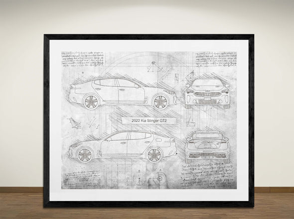 Kia Stinger GT2 (2022) - Art Print - Sketch Style, Car Patent, Blueprint Poster, Blue Print, (#3045)