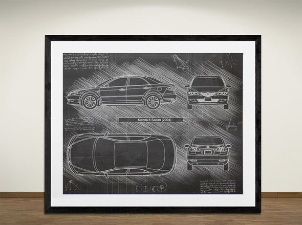 Mazda 6 Sedan (2004) - Art Print - Sketch Style, Car Patent, Blueprint Poster, Blue Print, (#3002)