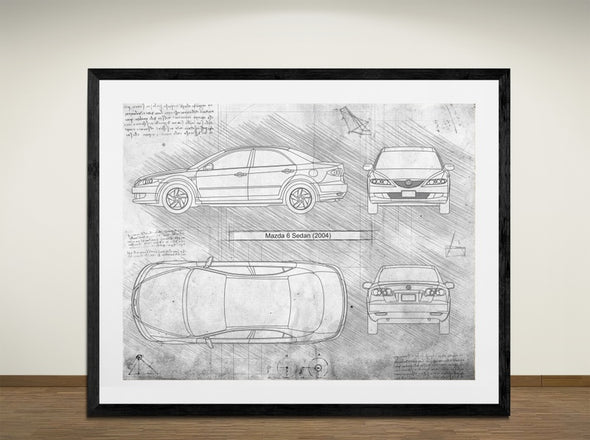 Mazda 6 Sedan (2004) - Art Print - Sketch Style, Car Patent, Blueprint Poster, Blue Print, (#3002)