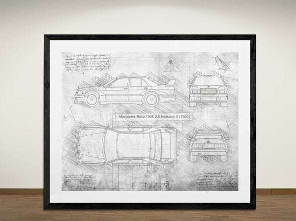 Mercedes-Benz 190E 2.5 Evolution II (1990) - Art Print - Sketch Style, Car Patent, Blueprint Poster, Blue Print, (#3016)