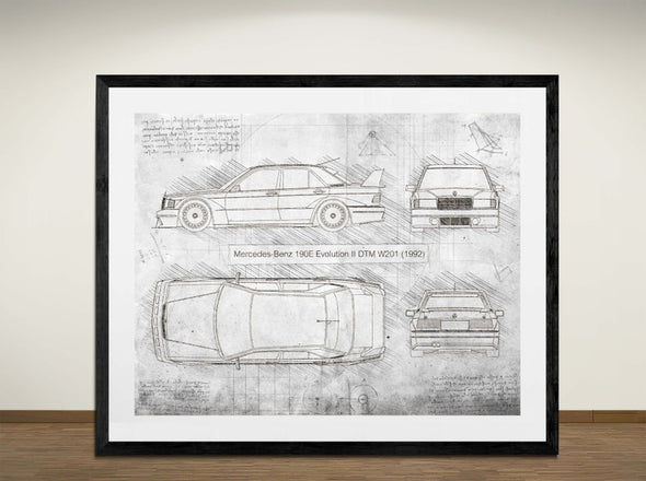 Mercedes-Benz 190E Evolution II DTM W201 (1992) - Art Print - Sketch Style, Car Patent, Blueprint Poster, Blue Print, (#3017)