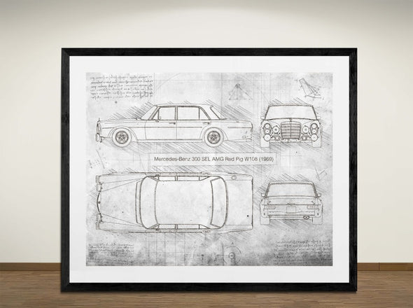Mercedes-Benz 300 SEL AMG Red Pig W108 (1969) - Sketch Style, Car Patent, Blueprint Poster, Blue Print, (#3018)
