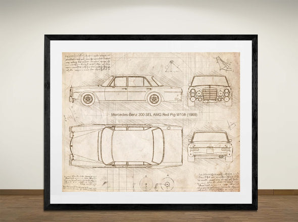 Mercedes-Benz 300 SEL AMG Red Pig W108 (1969) - Sketch Style, Car Patent, Blueprint Poster, Blue Print, (#3018)
