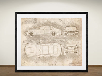 Mercedes-Benz E63 Sedan AMG (2020) - Sketch Style, Car Patent, Blueprint Poster, Blue Print, (#3027)