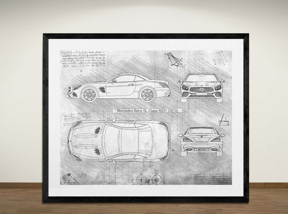 Mercedes-Benz SL-Class R231 (2015) - Art Print - Sketch Style, Car Patent, Blueprint Poster, Blue Print, (#3025)