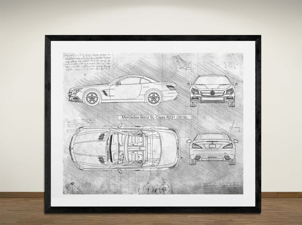 Mercedes-Benz SL-Class R231 (2016) - Art Print  - Sketch Style, Car Patent, Blueprint Poster, Blue Print, (#3024)