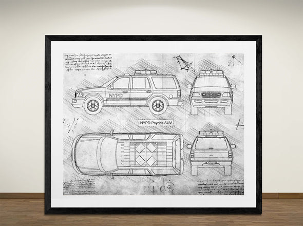 NYPD Psyops SUV - Art Print - Sketch Style, Car Patent, Blueprint Poster, Blue Print, (#3091)