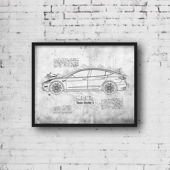 Tesla Model 3 (2018-Present) da Vinci Sketch Art Print (#484)