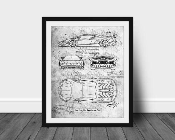 Lamborghini Aventador SVJ (2018-Present) da Vinci Sketch Art Print (#565)