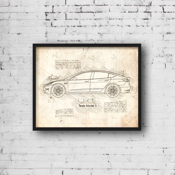 Tesla Model 3 (2018-Present) da Vinci Sketch Art Print (#484)