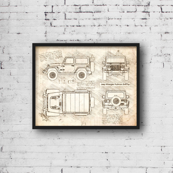 Jeep Wrangler Rubicon SoftTop (2019-Present) da Vinci Sketch Art Print (#729)