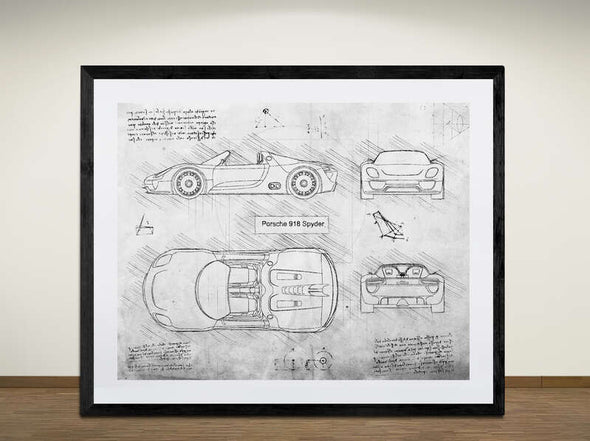 Porsche 918 Spyder - Sketch Art Print - Sketch Style, Car Patent, Blueprint Poster, Blue Print,  (#2006)