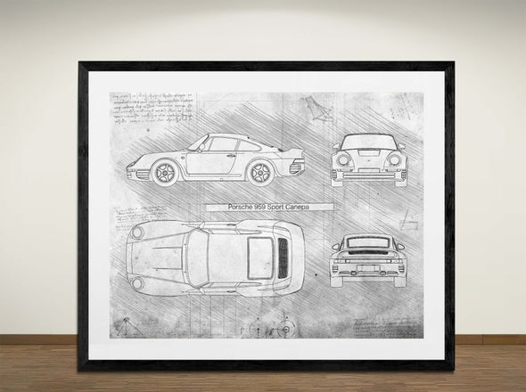 Porsche 959 Sport Canepa - Art Print - Art Print - Sketch Style, Car Patent, Blueprint Poster, Blue Print, (#3029)