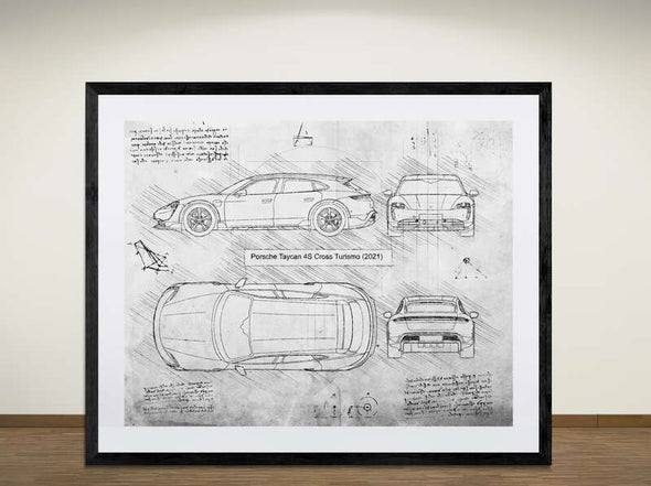 Porsche Taycan 4S Cross Turismo (2021) - Sketch Art Print - Sketch Style, Car Patent, Blueprint Poster, Blue Print,  (#2003)